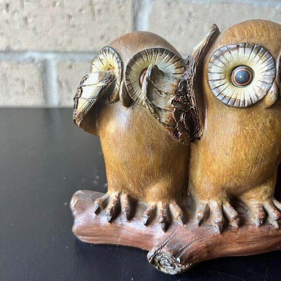 Vintage 3 Wise Owls See No Evil Hear No Evil Speak No Evil Branch Resin 1970s - Picture 2 of 16